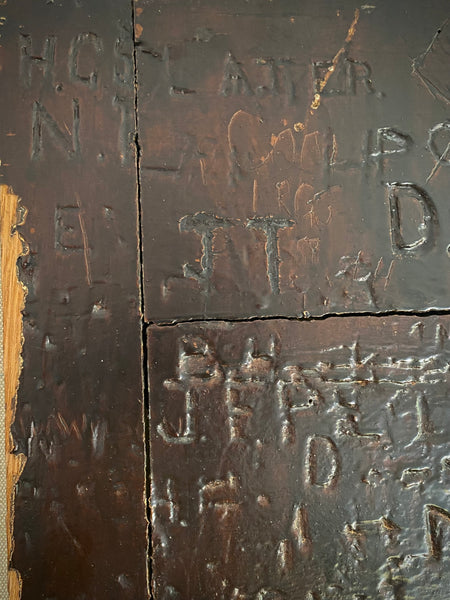 Rare Late 19th-Early 20th Century Heavily Graffitied Section Of A Leeds Grammar School Desk Founded 1552