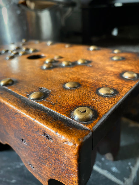 Unusual Antique 19th Century Solid Mahogany Stool With Brass Studs With Initials ‘R.V’ Possible Love Token
