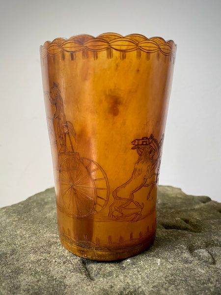 Rare Antique Early 19th Century Folk Art Engraved Horn Beaker Relating To The ‘Salisbury Lion Attack’ In 1816