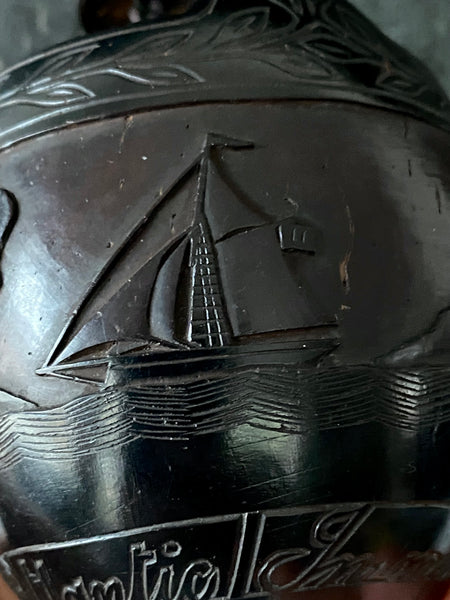 Rare Antique 19th Century Sailor’s Folk Art Carved Coconut With American & British Ensign Flags