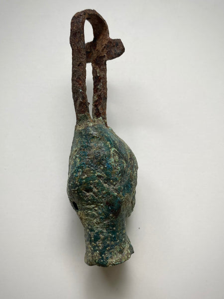 Rare Ancient Roman Bronze Head Of A Religious Figure With An Iron Loop In The Form Of A Cross c.200 AD