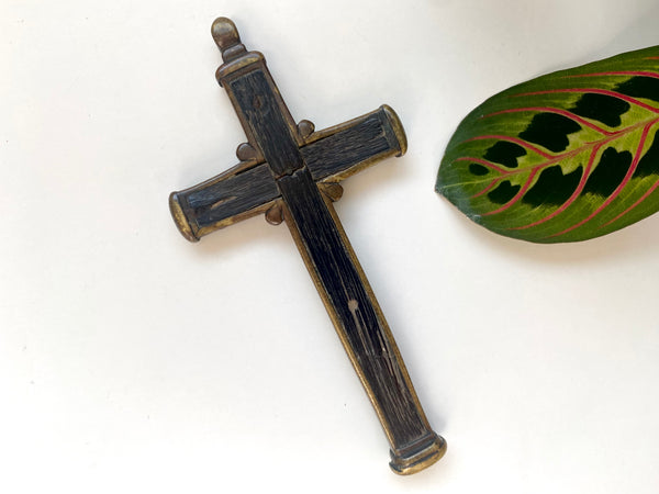 Antique Religious 18th Century Bog Oak & Bronze Combination Crucifix And Wax Seal Pendant - Source Vintage