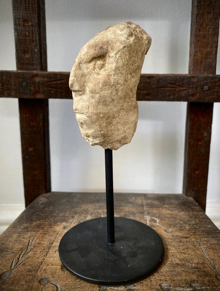 Antique Creepy Small Stone Figural Head Sculpture On Later Stand