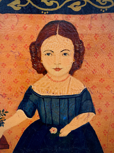 Naive Folk Art Oil Painting Girl With Flowers By Leslie Stafford (1949–2024)
