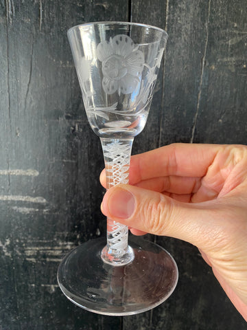 Rare Antique 18th Century Jacobite Wine Glass Featuring Scottish White Rose, A Single Bud, Thistle Leaves & A Bee