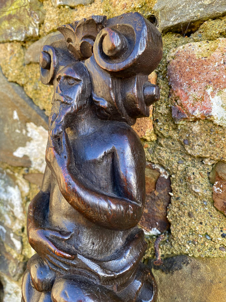 Antique 17th Century Carved Oak Caryatid With Beastie