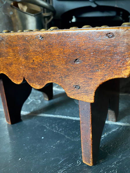 Unusual Antique 19th Century Solid Mahogany Stool With Brass Studs With Initials ‘R.V’ Possible Love Token