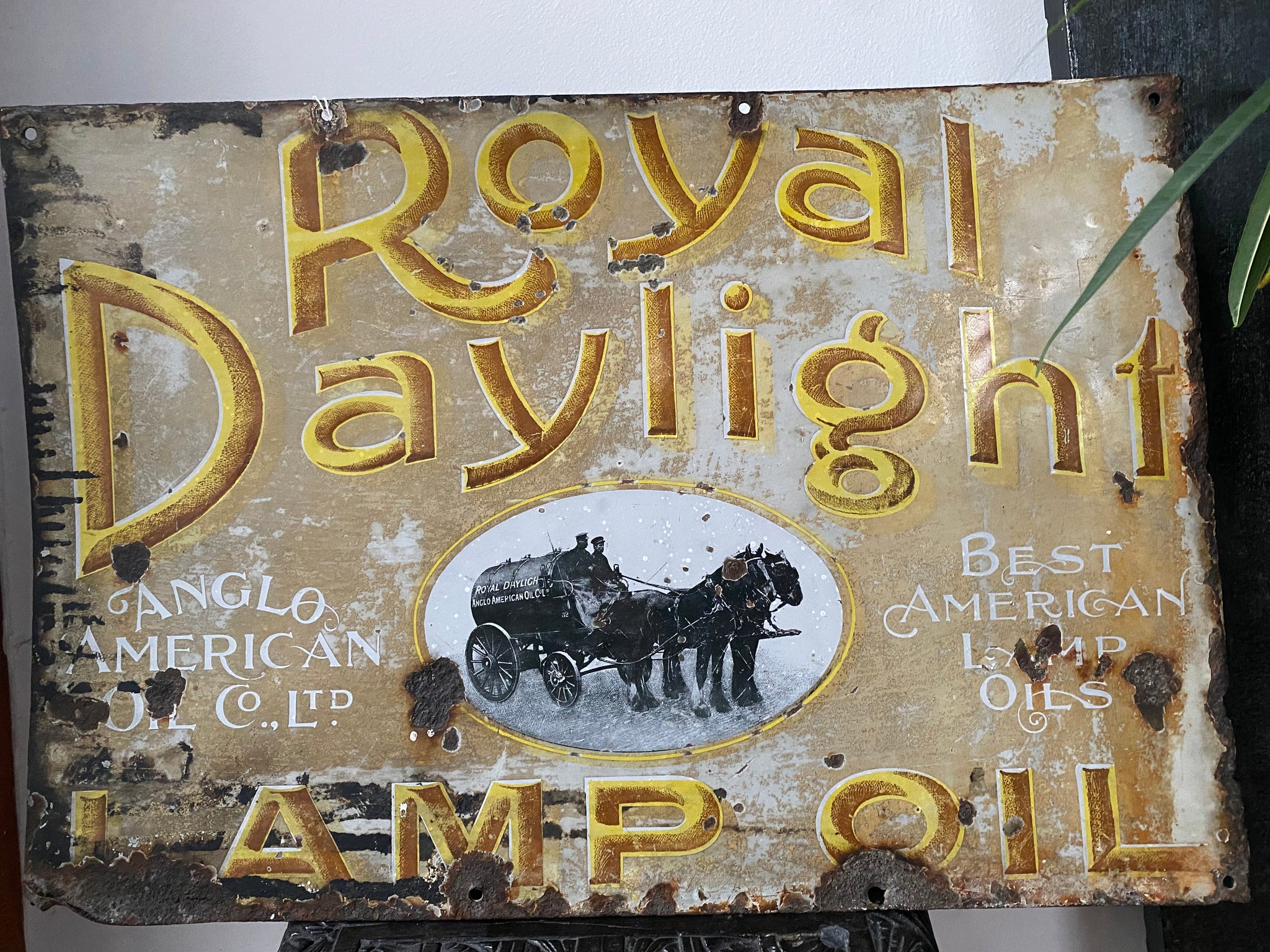 Rare Victorian Enamel Royal Daylight Lamp Oil Sign With Ghost Image To Reverse