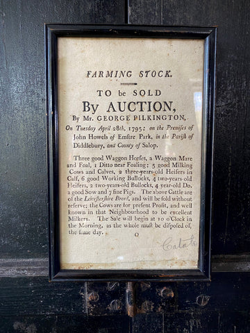 Antique 18th Century Framed Broadside for 1795 Auction Of Cattle In Shropshire
