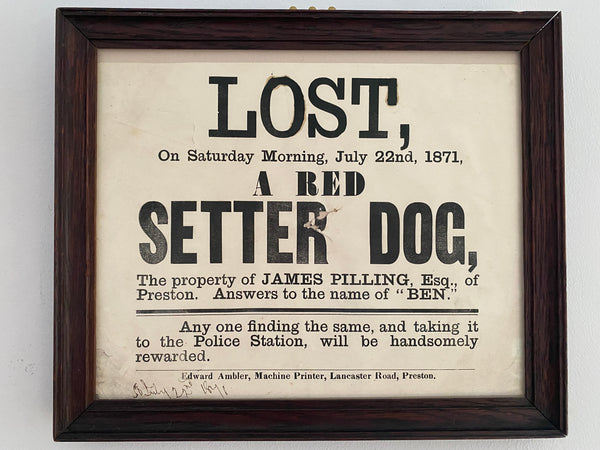 Antique 19th Century Framed Lost Dog Poster For A Dog Called Ben Dated 1871