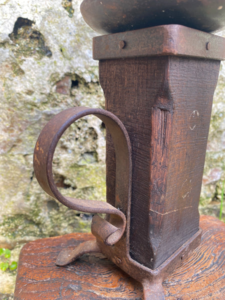 Unusual Antique French 19th Century Rustic Oak & Wrought Iron Candle Holder