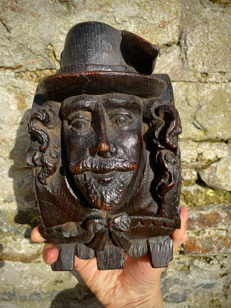 A Super English 16th Century Carved Oak Portrait Corbel Of Generous Size & Weight. Guy Fawkes…? - Source Vintage
