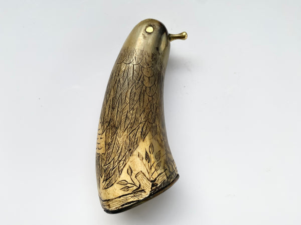 Antique 19th Century Carved Horn Game Keeper’s Snuff Mull With Swivel Dispenser Folk Art Bird Design