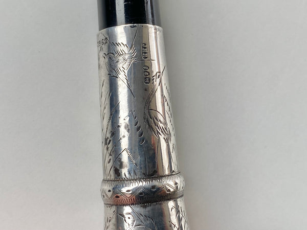**RESERVED** Rare Victorian Sterling Silver Secret ‘Tippling’ Swagger Stick Etched With Birds & Hallmarked 1886
