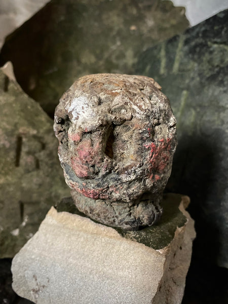 Disturbing Rare Antique 18th Century Early Composition Folk Art Witches Doll Head On Later Made Stand