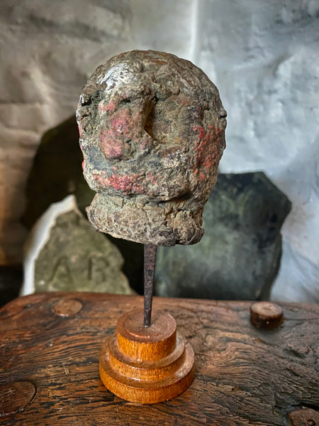 Disturbing Rare Antique 18th Century Early Composition Folk Art Witches Doll Head On Later Made Stand