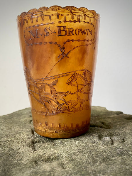 Rare Antique Early 19th Century Folk Art Engraved Horn Beaker Relating To The ‘Salisbury Lion Attack’ In 1816