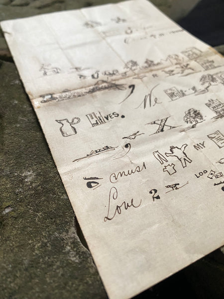 Rare Late 19th Century Handwritten Rebus Love Letter, A Type Of Coded Pictogram Message