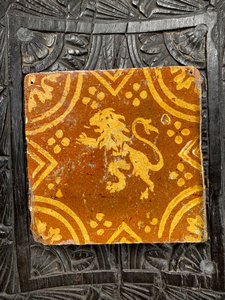 Antique Late 16th Century Glazed Rampant Lion Floor Tile Ex Alison Barker Collection