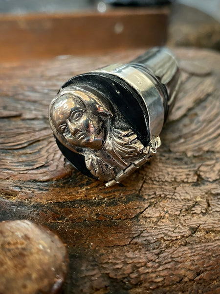 Rare Antique 19th Century Carved Horn & Sterling Silver Snuff Mull With Mysterious Allegorical Silver Head - Source Vintage