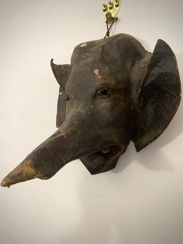 Disturbing Antique Early 20th Century Primitively Made Leather Elephant Mask