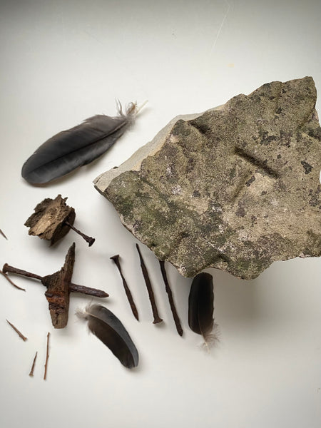 Grave Digger Collection Of An Early 19th C. Gravestone Fragment & Coffin Nails With Remnants Of Coffin Wood Of The Same Period