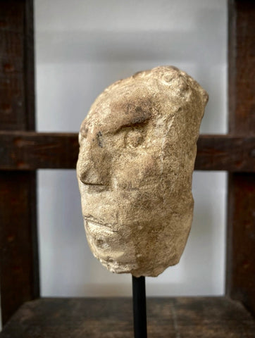 Antique Creepy Small Stone Figural Head Sculpture On Later Stand