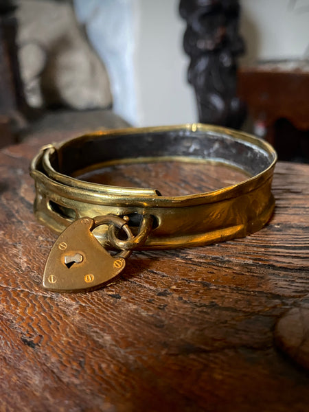 Antique 19th Century Brass & Leather Monkey Collar With Padlock - Source Vintage