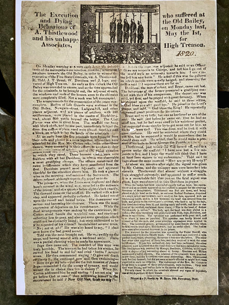 Rare Antique 19th Century Execution Broadside For The Execution Of Arthur Thistlewood and the Cato Street conspirators 1820