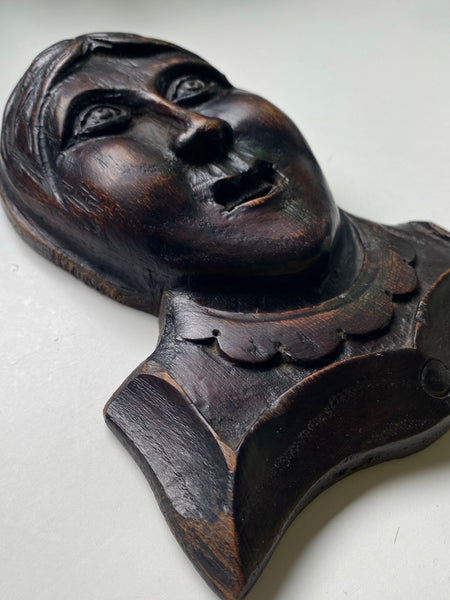 Antique 18th-19th Century Folk Art Carved Wooden Face Of A Woman