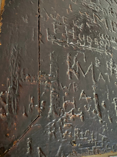 Rare Late 19th-Early 20th Century Heavily Graffitied Section Of A Leeds Grammar School Desk Founded 1552