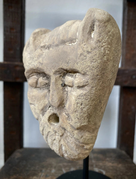 Unusual Creepy Stone Figural Head Sculpture Of The Devil On A Stand