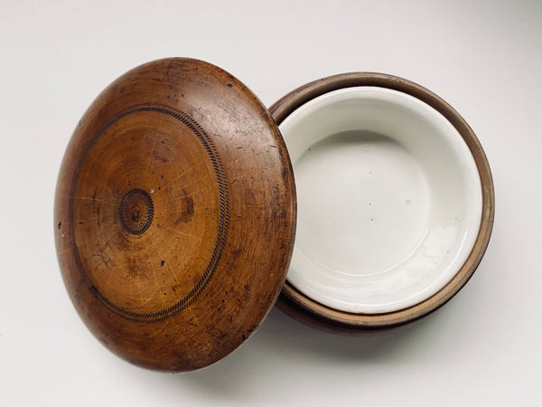 Antique Victorian Treen Campaign Travel Shaving Pot Complete With Ceramic Liner & Mirror