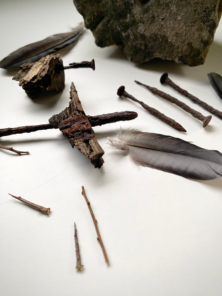 Grave Digger Collection Of An Early 19th C. Gravestone Fragment & Coffin Nails With Remnants Of Coffin Wood Of The Same Period