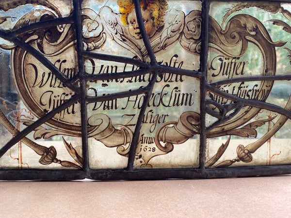 Rare Antique Early 17th Century Stained Glass Panel Named & Dated 1628
