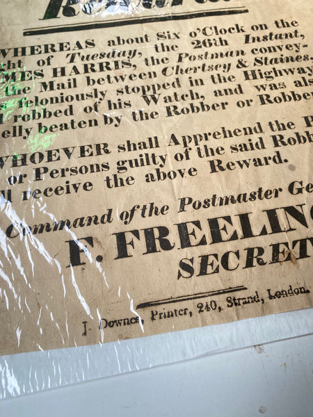 Rare Antique 19th Century Highway Robbery Reward Poster Postman Robbed & Cruelly Beaten