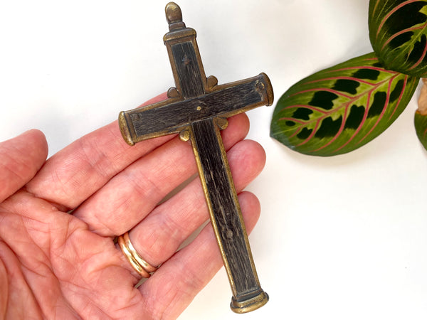 Antique Religious 18th Century Bog Oak & Bronze Combination Crucifix And Wax Seal Pendant - Source Vintage