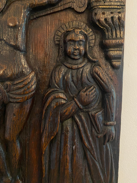 A Superb 16th-17th Century Carved Oak Panel Depicting The Crucifixion Of Christ