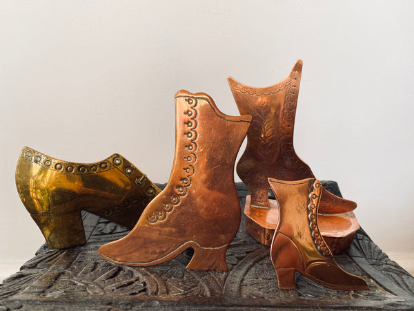 Charming Collection Of 4 Antique Victorian Copper & Brass Folk Art Mantle Boots