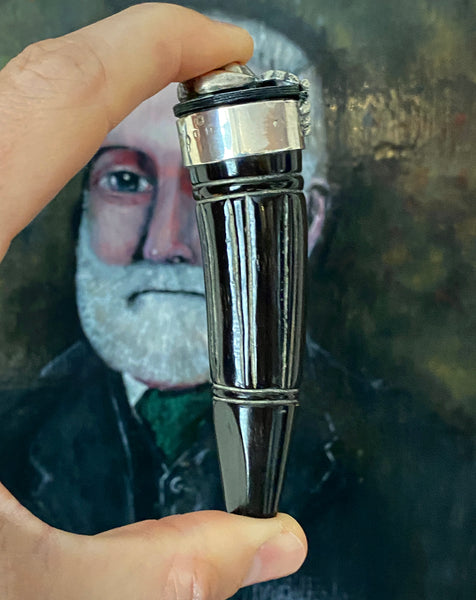 Rare Antique 19th Century Carved Horn & Sterling Silver Snuff Mull With Mysterious Allegorical Silver Head - Source Vintage