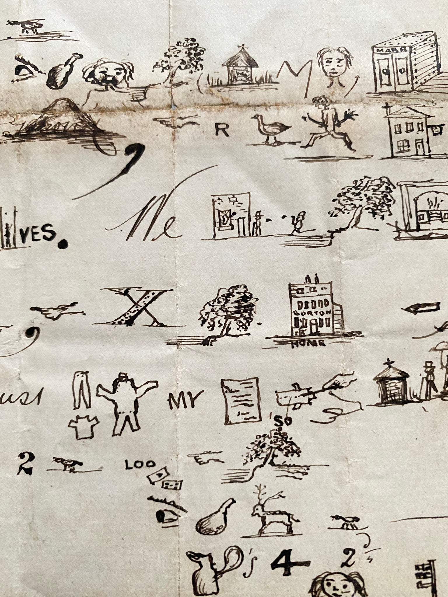 Rare Late 19th Century Handwritten Rebus Love Letter, A Type Of Coded Pictogram Message