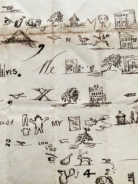 Rare Late 19th Century Handwritten Rebus Love Letter, A Type Of Coded Pictogram Message