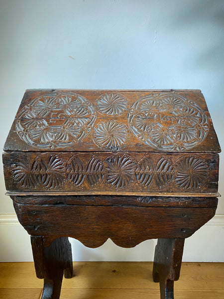 Antique 17th Century Oak Bible Box Dated 1654, Initialled, Heavily Carved, Cryptic Text & Symbols, Faint Protection Mark To One Side