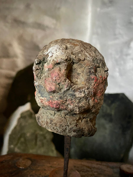 Disturbing Rare Antique 18th Century Early Composition Folk Art Witches Doll Head On Later Made Stand
