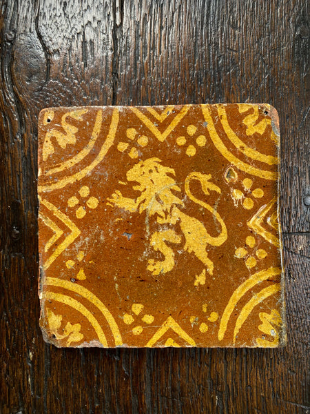 Antique Late 16th Century Glazed Rampant Lion Floor Tile Ex Alison Barker Collection