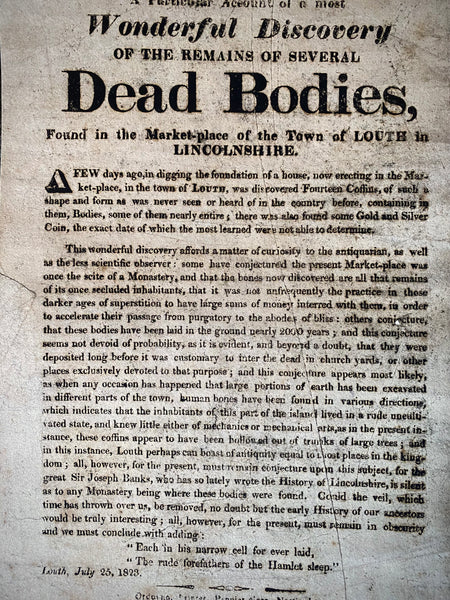 Rare 1823 Broadside – Discovery of Human Remains in Louth Marketplace - Source Vintage