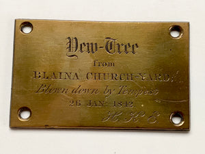 Curious Antique Victorian Brass Plaque Dedicated To A Yew Tree Blown Down By Storm Tempest 1842
