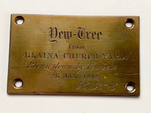 Curious Antique Victorian Brass Plaque Dedicated To A Yew Tree Blown Down By Storm Tempest 1842