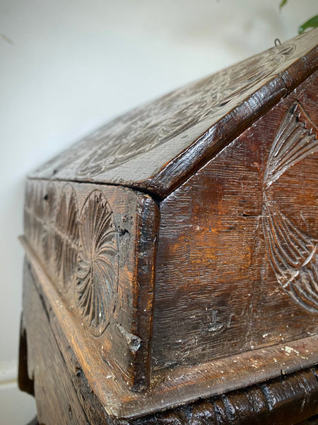 Antique 17th Century Oak Bible Box Dated 1654, Initialled, Heavily Carved, Cryptic Text & Symbols, Faint Protection Mark To One Side