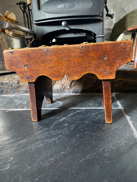 Unusual Antique 19th Century Solid Mahogany Stool With Brass Studs With Initials ‘R.V’ Possible Love Token